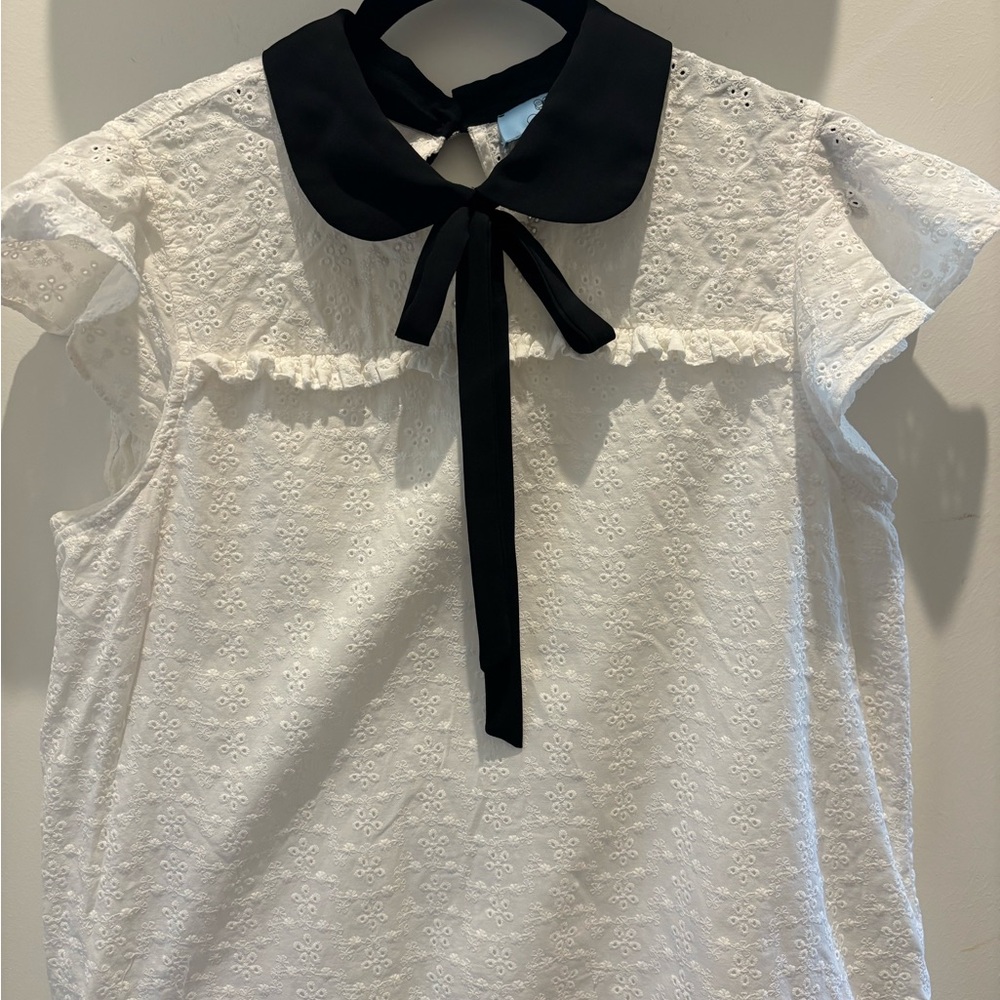 CeCe White Eyelet Blouse with Black Collar/bow